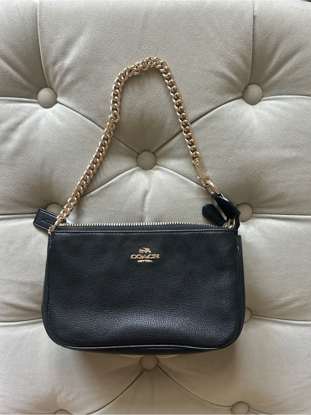 Coach Black Pebbled Leather Crossbody with Gold Chain